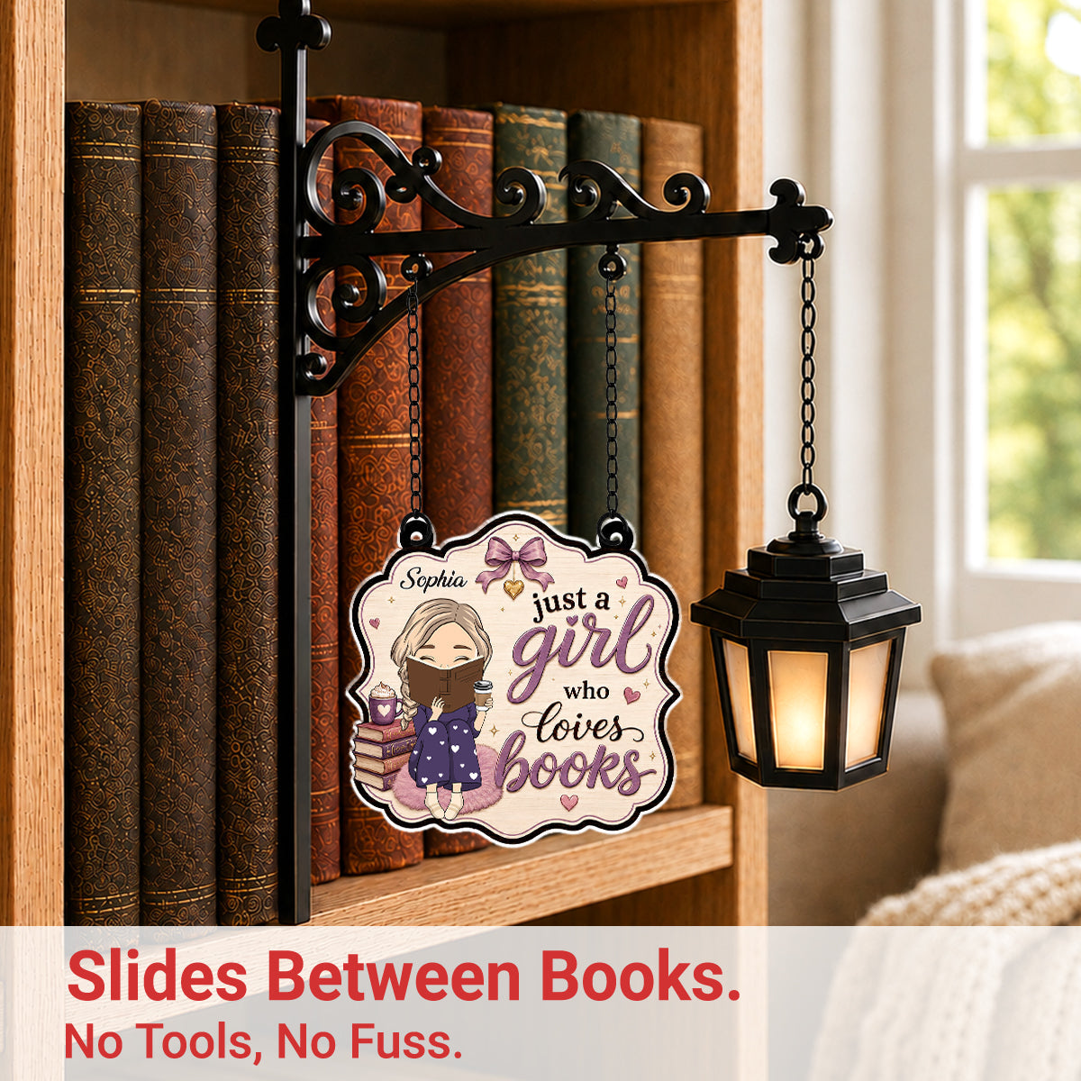 Her Love Language Is Books - Personalized Bookshelf Lantern Light Sign