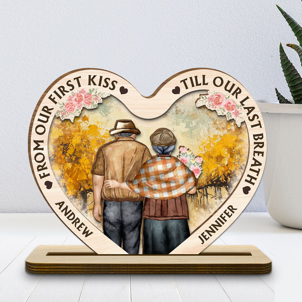 Custom Decor for Wife, Gift for Her • Our First Kiss - Personalized 2-Layer Wood Plaque With Flat Base