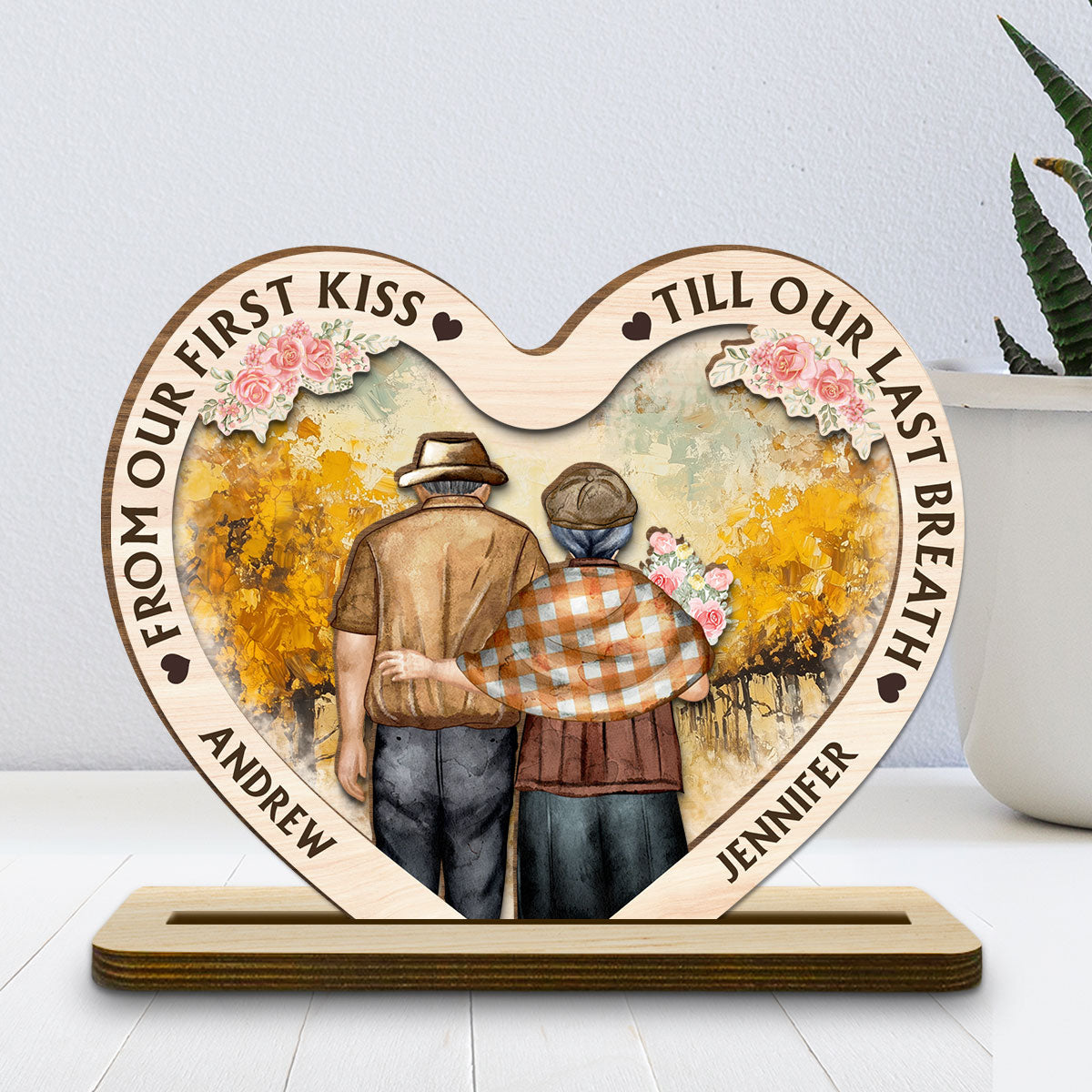 Custom Decor for Wife, Gift for Her • Our First Kiss - Personalized 2-Layer Wood Plaque With Flat Base