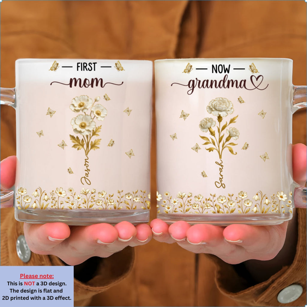 Custom Mother's Day Gift for Mom & Grandma • Grandma Gold Flower - Personalized Glass Mug