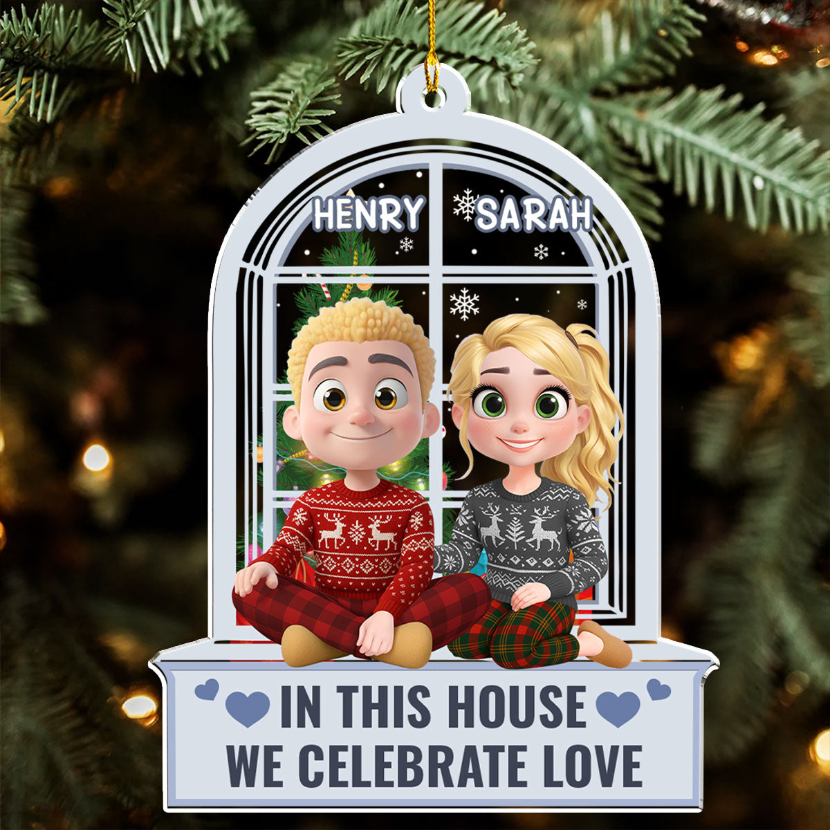 Custom Couple Christmas Ornament, Anniversary Gift •  Celebrate Love Window - Personalized Acrylic Ornament