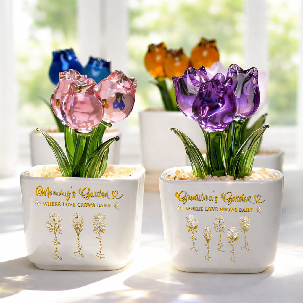 Custom Flower Keepsake, Glass Home Decor Gift for Mom • Blooming Bonds - Personalized Glass Everlasting Tulips