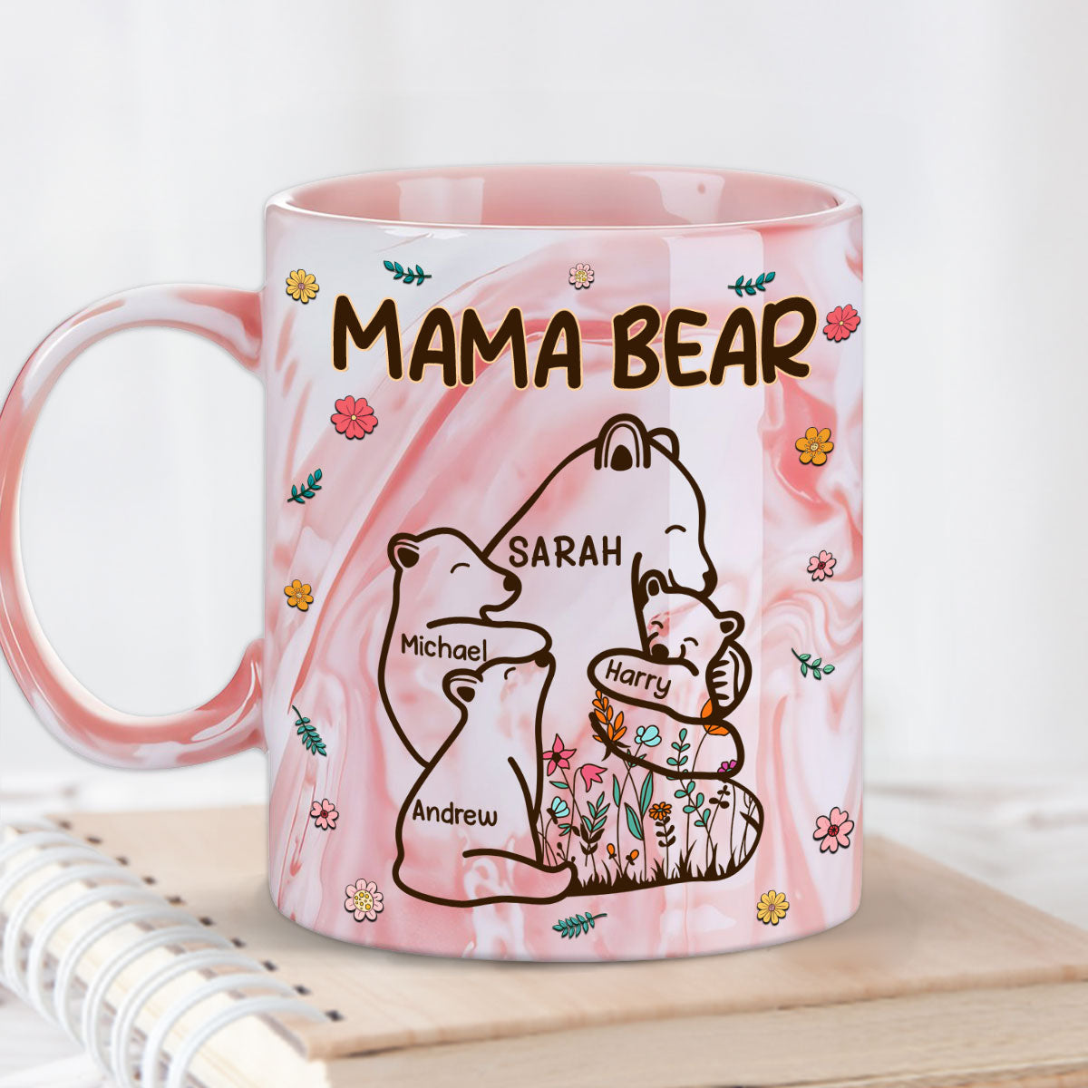 Custom Mother's Day Gift for Mom & Grandma • Mama Bear - Personalized Pink Marble Mug
