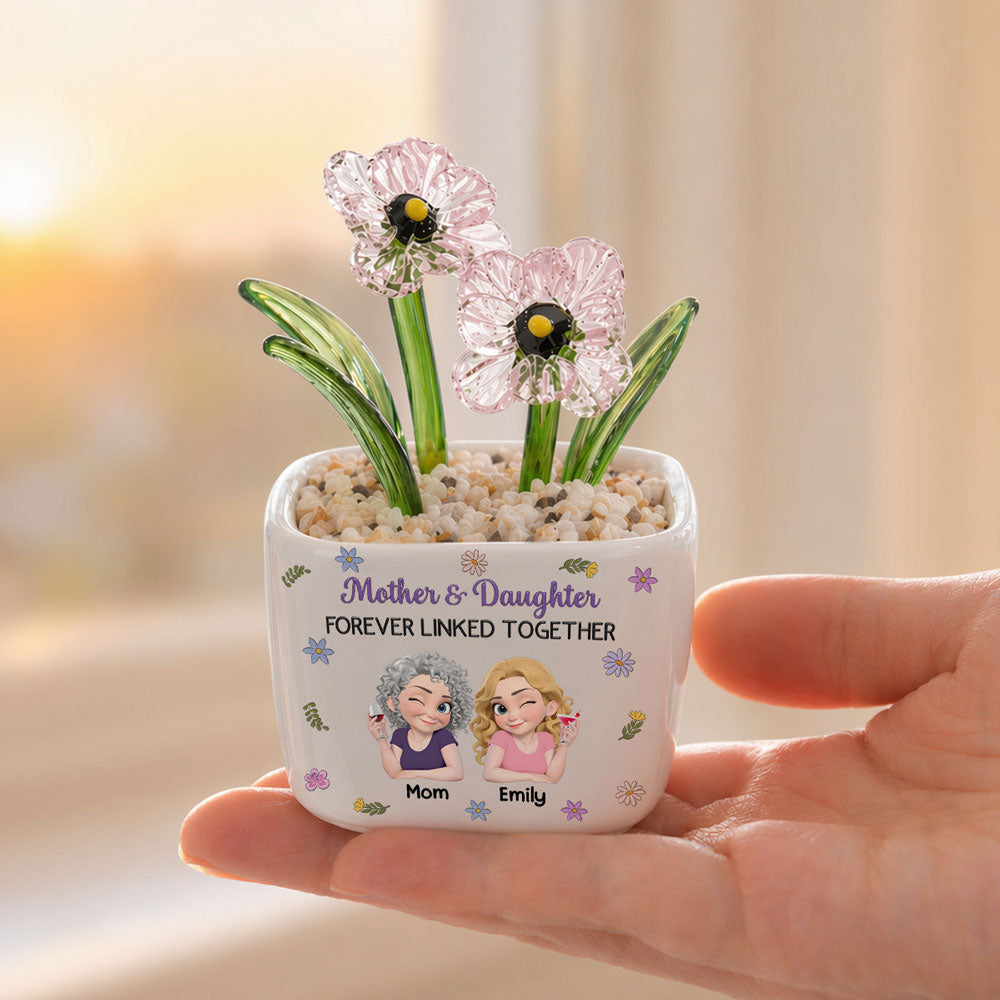 Mother And Daughter Linked Together Cartoon - Personalized Glass Birth Month Flower