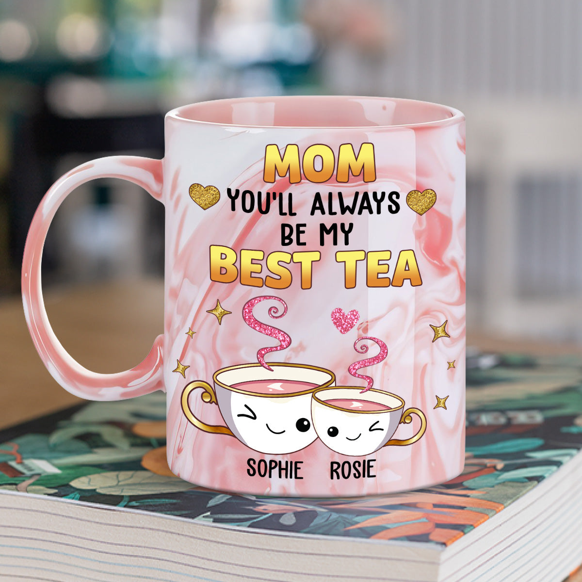 Custom Mother's Day Gift for Mom & Grandma • Mom Always Be My Best Tea Glitter - Personalized Pink Marble Mug