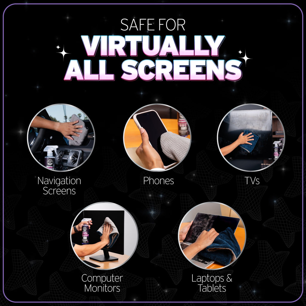 Total Screen Cleaner safe for virtually all screens: navigation screens, phones, TVs, computer monitors, laptops and tablets