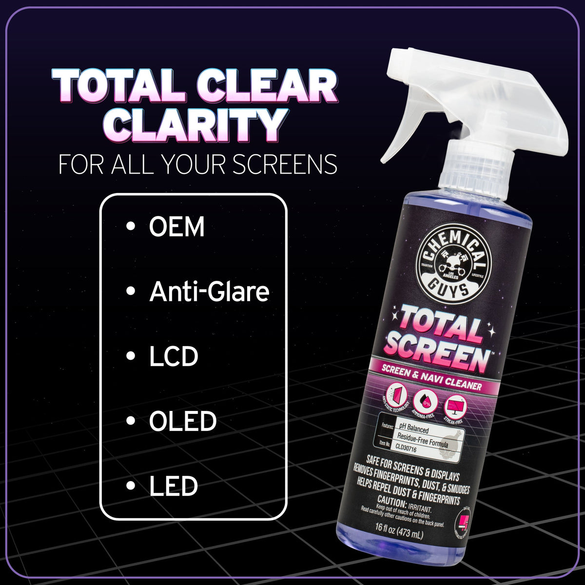 Total Screen Cleaner bottle - total clear clarity for all your screens: OEM, anti-glare, LCD, OLED, and LED