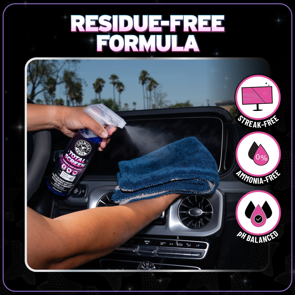 Total Screen Cleaner sprayed on car navigation screen with microfiber towel - residue-free formula, streak-free, ammonia-free, pH balanced