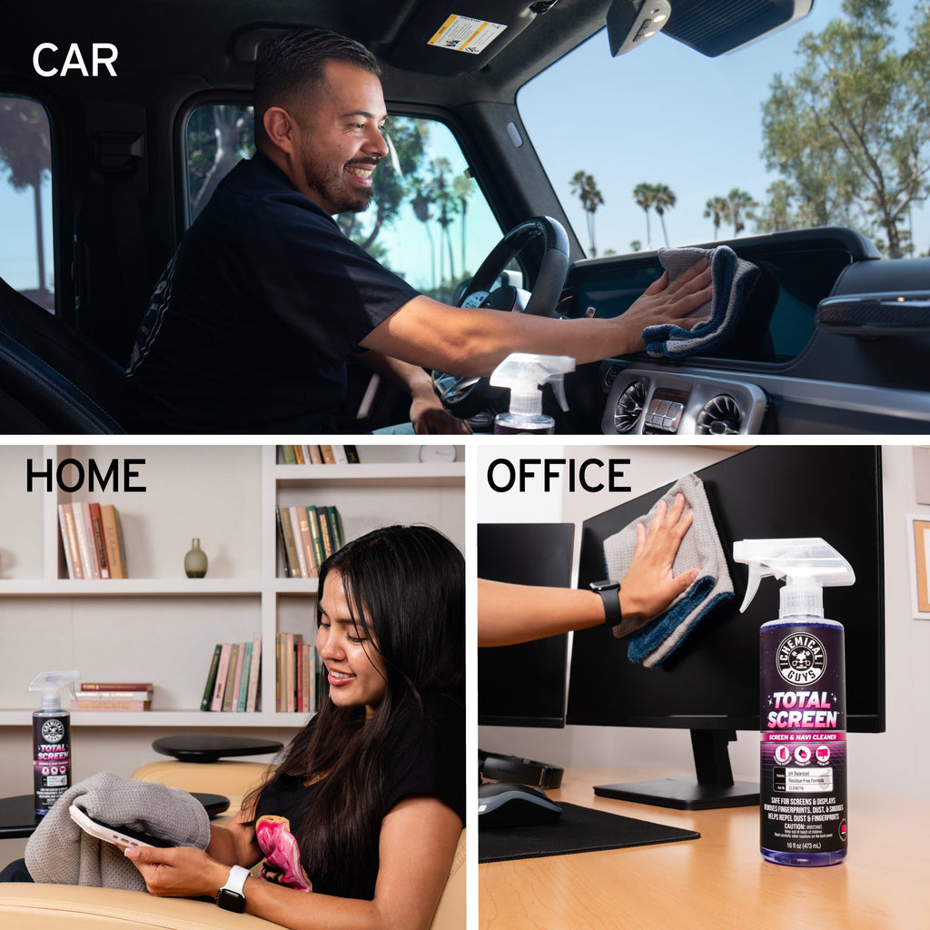 Total Screen Cleaner used in car, home, and office - people cleaning navigation screen, tablet, and computer monitor