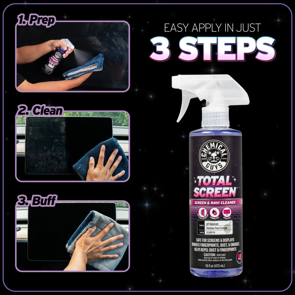Total Screen Cleaner easy apply in 3 steps: 1 prep, 2 clean, 3 buff