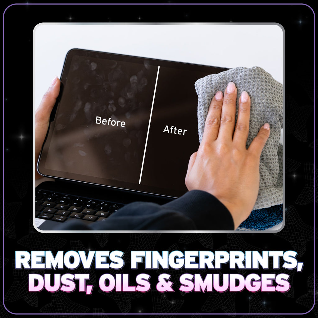 Total Screen Cleaner before and after wiping tablet screen with microfiber cloth - removes fingerprints, dust, oils and smudges