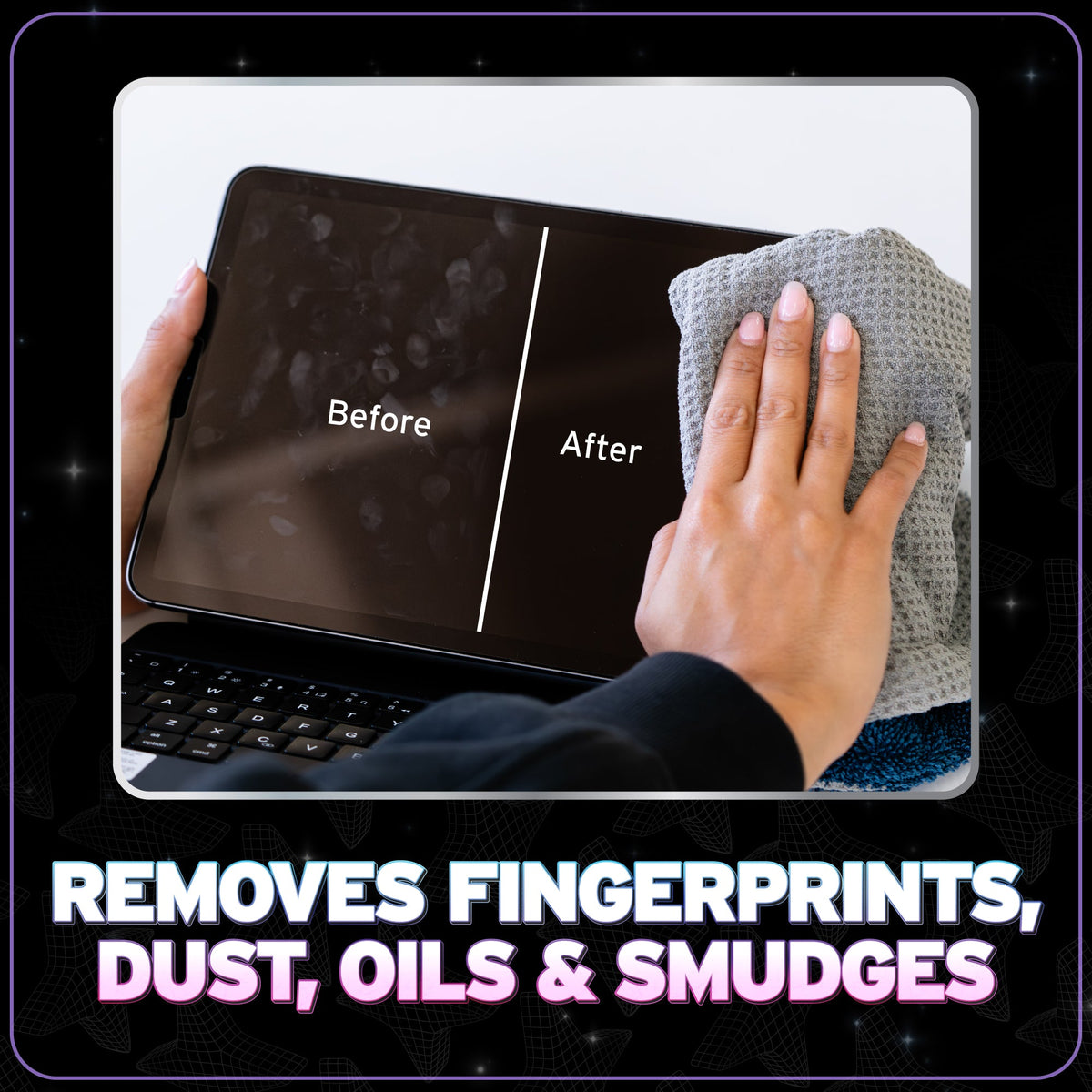 Total Screen Cleaner before and after wiping tablet screen with microfiber cloth - removes fingerprints, dust, oils and smudges