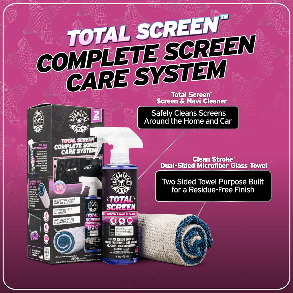 Total Screen Complete Screen Care System set against a pink background, featuring a spray bottle, cleaning kit box, two microfiber glass towels, and descriptive text callouts.