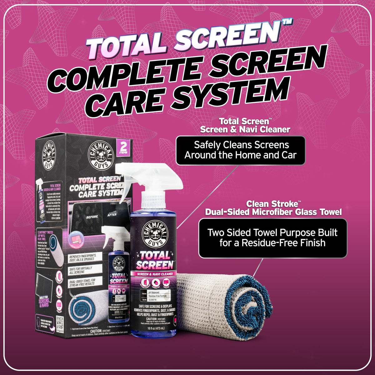 Total Screen Complete Screen Care System set against a pink background, featuring a spray bottle, cleaning kit box, two microfiber glass towels, and descriptive text callouts.