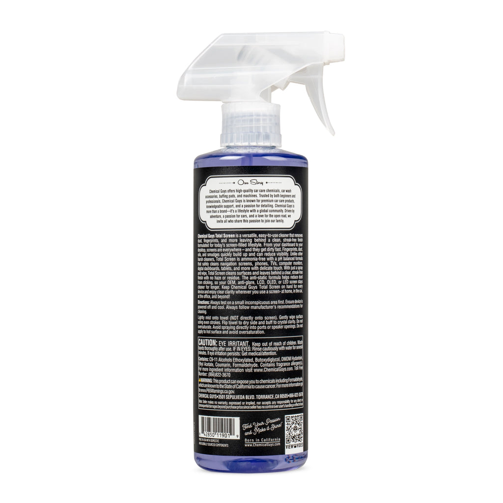 Total Screen Cleaner bottle, back label with directions and ingredients
