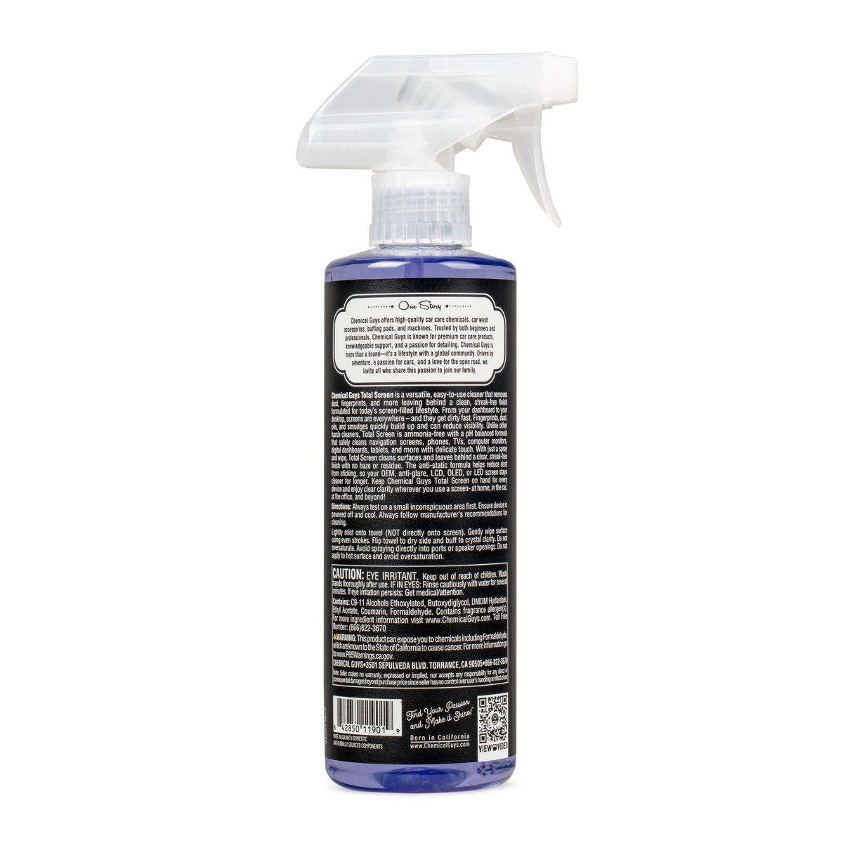 Total Screen Cleaner bottle, back label with directions and ingredients