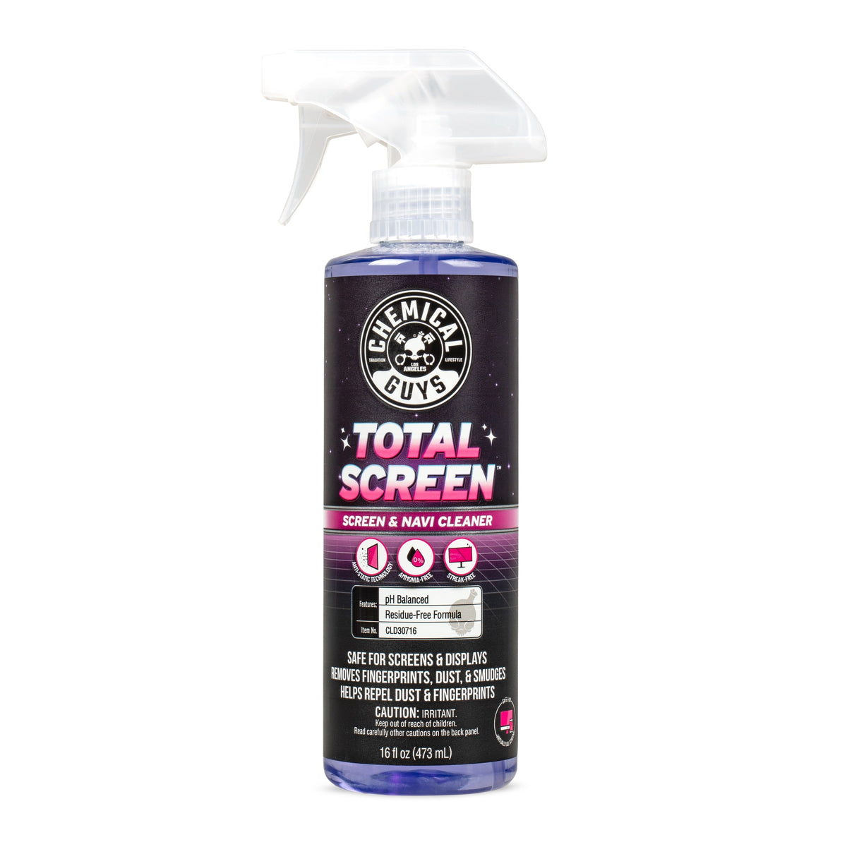 Chemical Guys Total Screen Screen and Navigation Cleaner in a 16 oz spray bottle, black label with pink and white text