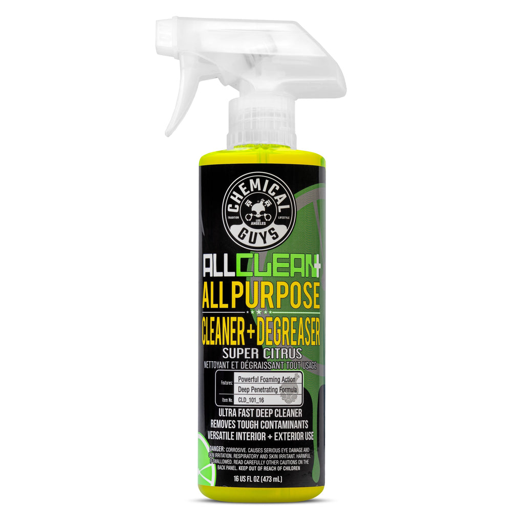 A bottle of Chemical Guys All Clean All Purpose Cleaner + Degreaser in Super Citrus scent, featuring a black and green label with a white spray trigger top, set against a plain white background.