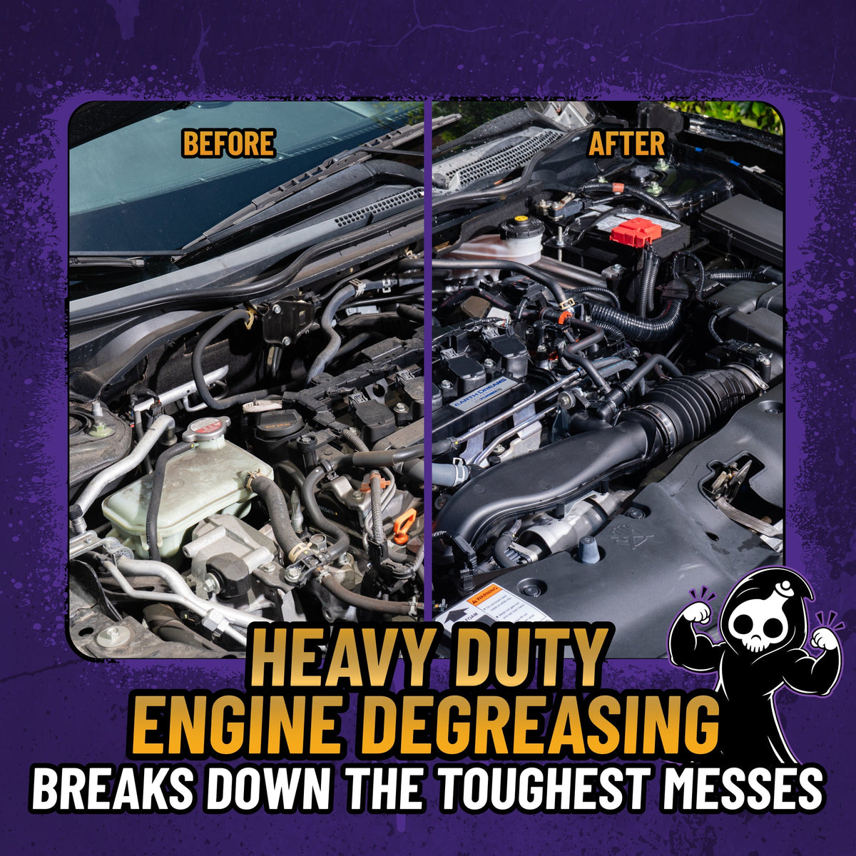 Grime Reaper Engine Degreaser before and after engine bay comparison - heavy duty engine degreasing, breaks down the toughest messes