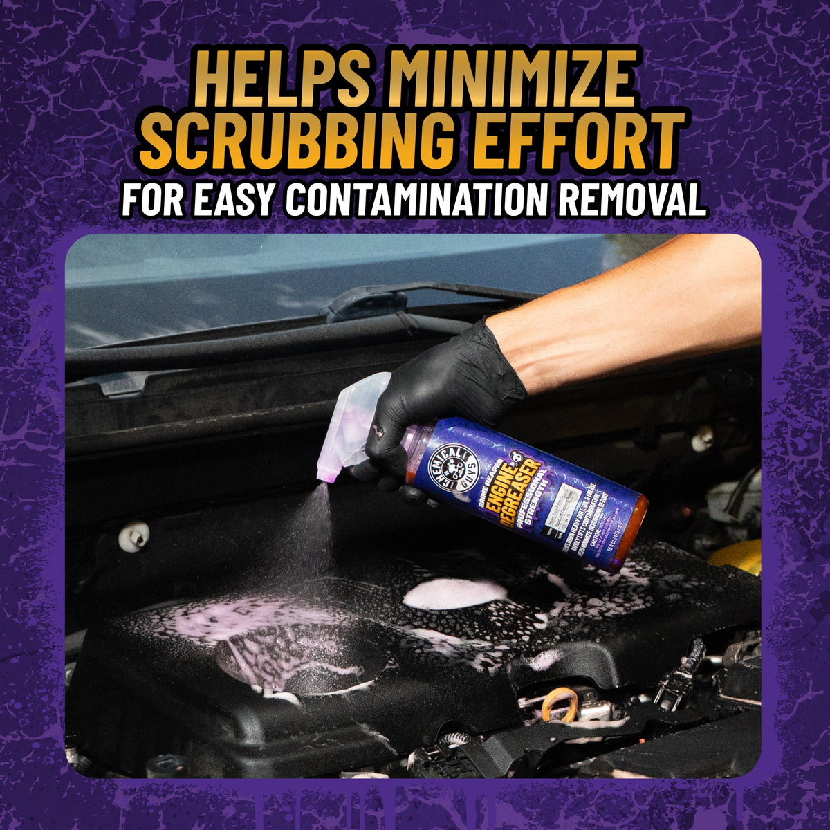 Grime Reaper Engine Degreaser helps minimize scrubbing effort for easy contamination removal - spraying on engine bay
