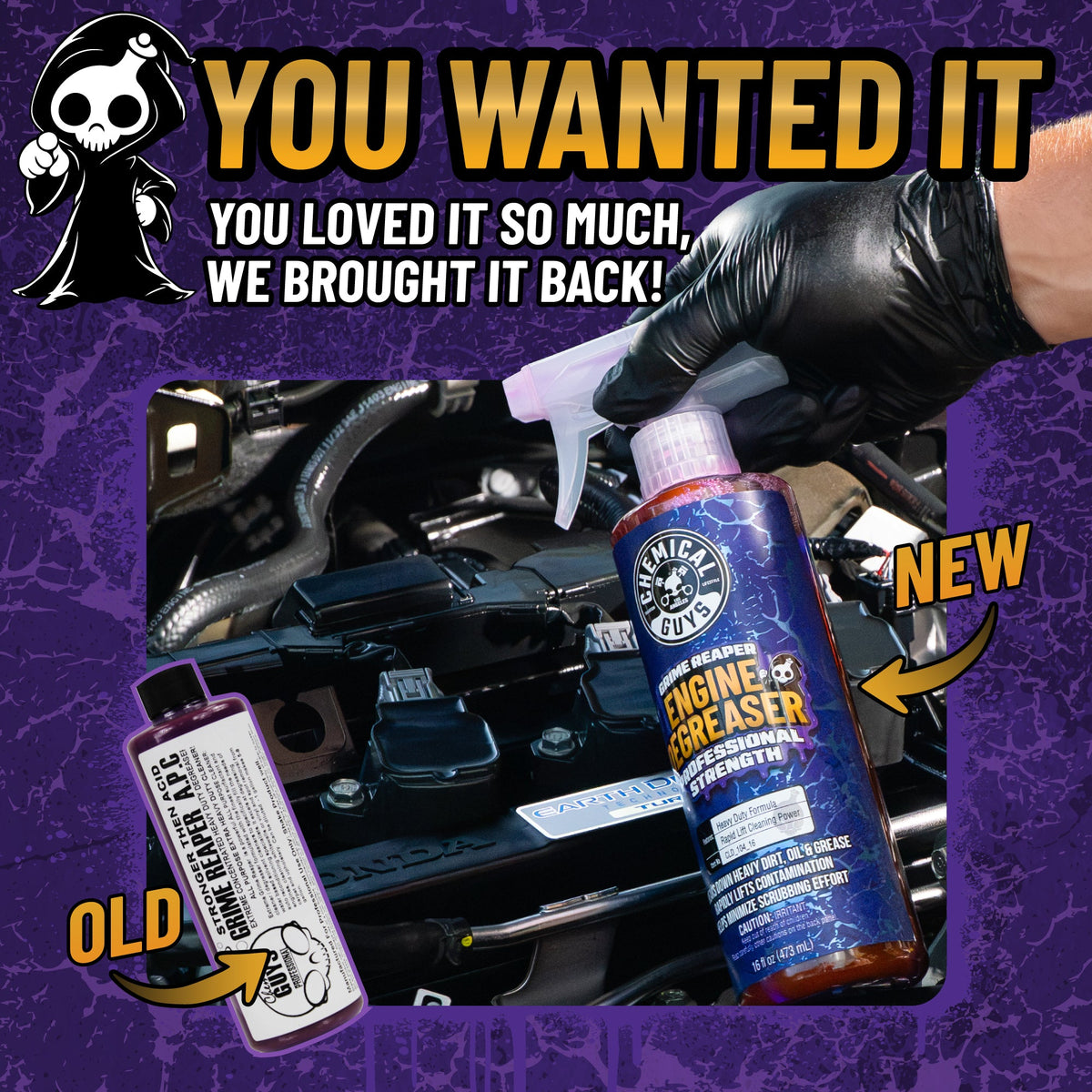 Grime Reaper Engine Degreaser new bottle vs old formula bottle - you wanted it, you loved it so much, we brought it back