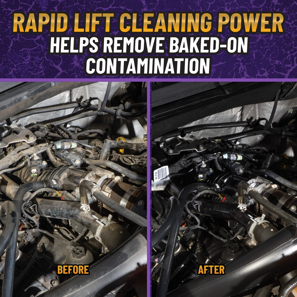 Grime Reaper Engine Degreaser rapid lift cleaning power helps remove baked-on contamination - before and after engine bay comparison