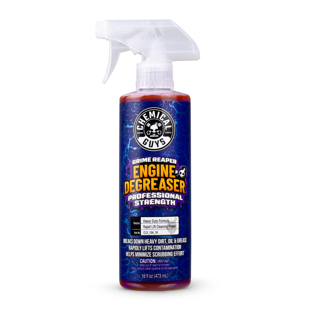 Bottle of Chemical Guys Grime Reaper Engine Degreaser Professional Strength, dark blue label with orange and white text, white spray trigger top