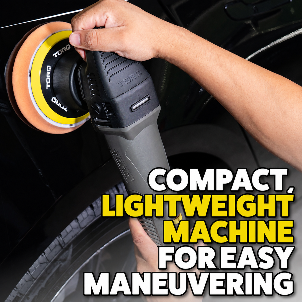 TORQX Random Orbital Polisher in use on car wheel - compact, lightweight machine for easy maneuvering