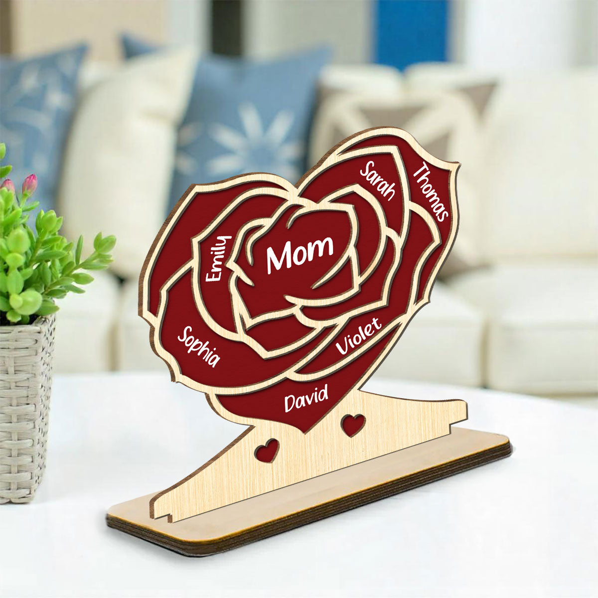 Custom Mother's Day Decor, Gift for Mom & Grandma • Family Flower - Personalized 2-Layer Wood Plaque With Flat Base