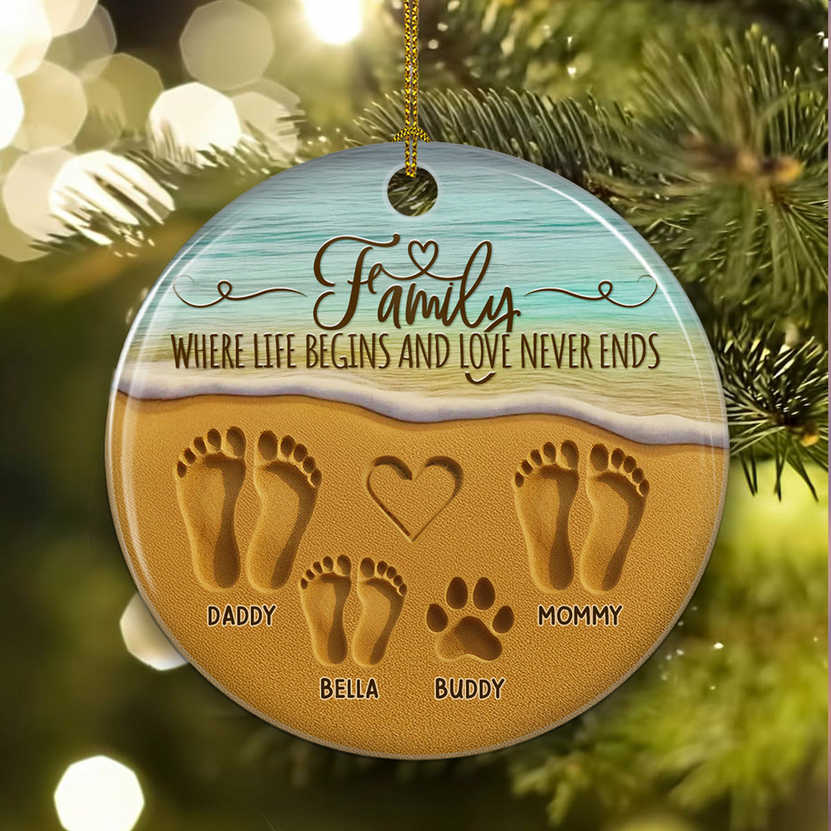 Custom Family Ornament, Christmas Gift for Family Members •  Where Love Never Ends - Personalized Ceramic Ornament