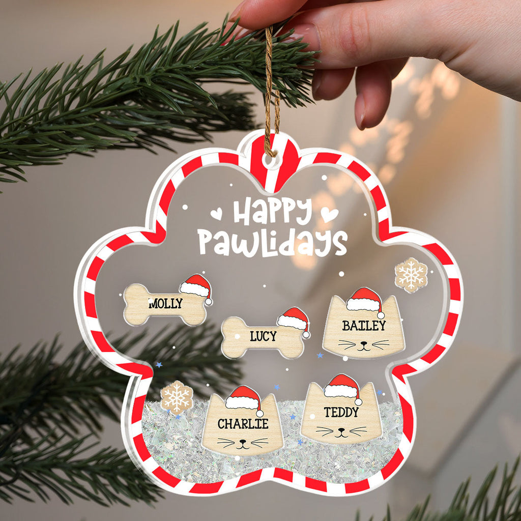 Custom Family Ornament, Christmas Gift for Family Members •  Happy Pawlidays - Personalized Acrylic Shaker Ornament