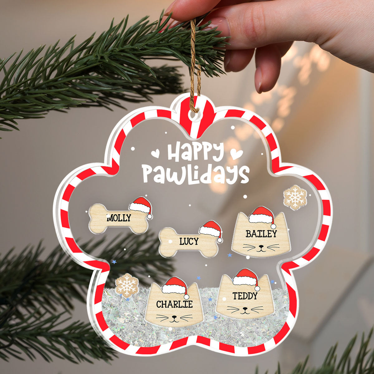 Custom Family Ornament, Christmas Gift for Family Members •  Happy Pawlidays - Personalized Acrylic Shaker Ornament