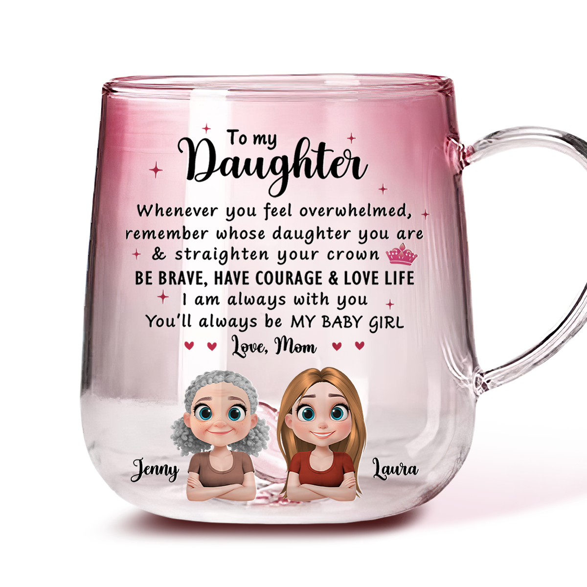 Custom Christmas & Birthday Gift for Daughter • Mom To Daughter Straighten Your Crown - Personalized Pink Gradient Glass Mug