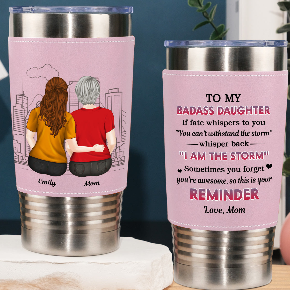 Custom Christmas Birthday Gifts For Daughter • From Mom To Badass Daughter - Personalized Pink Leather Tumbler