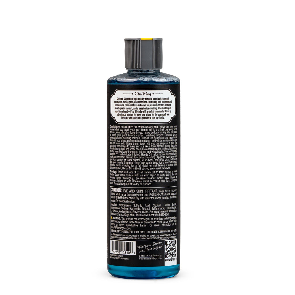 Hands Off Touchless Pre-Wash Snow Foam bottle, back label with directions and ingredients