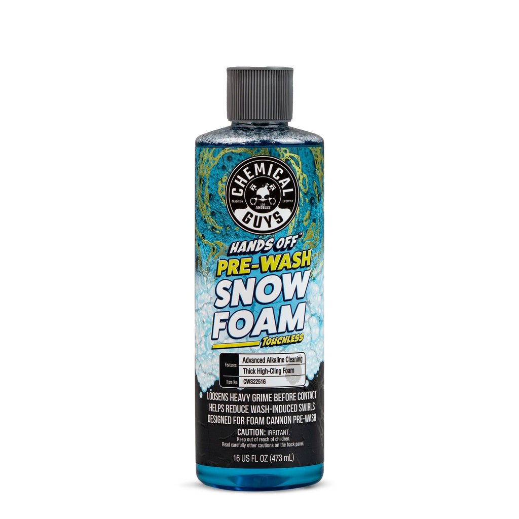 A bottle of Chemical Guys Hands Off Pre-Wash Snow Foam Concentrate, 16 fl oz, featuring a blue and black label with yellow and white text, on a solid white background.