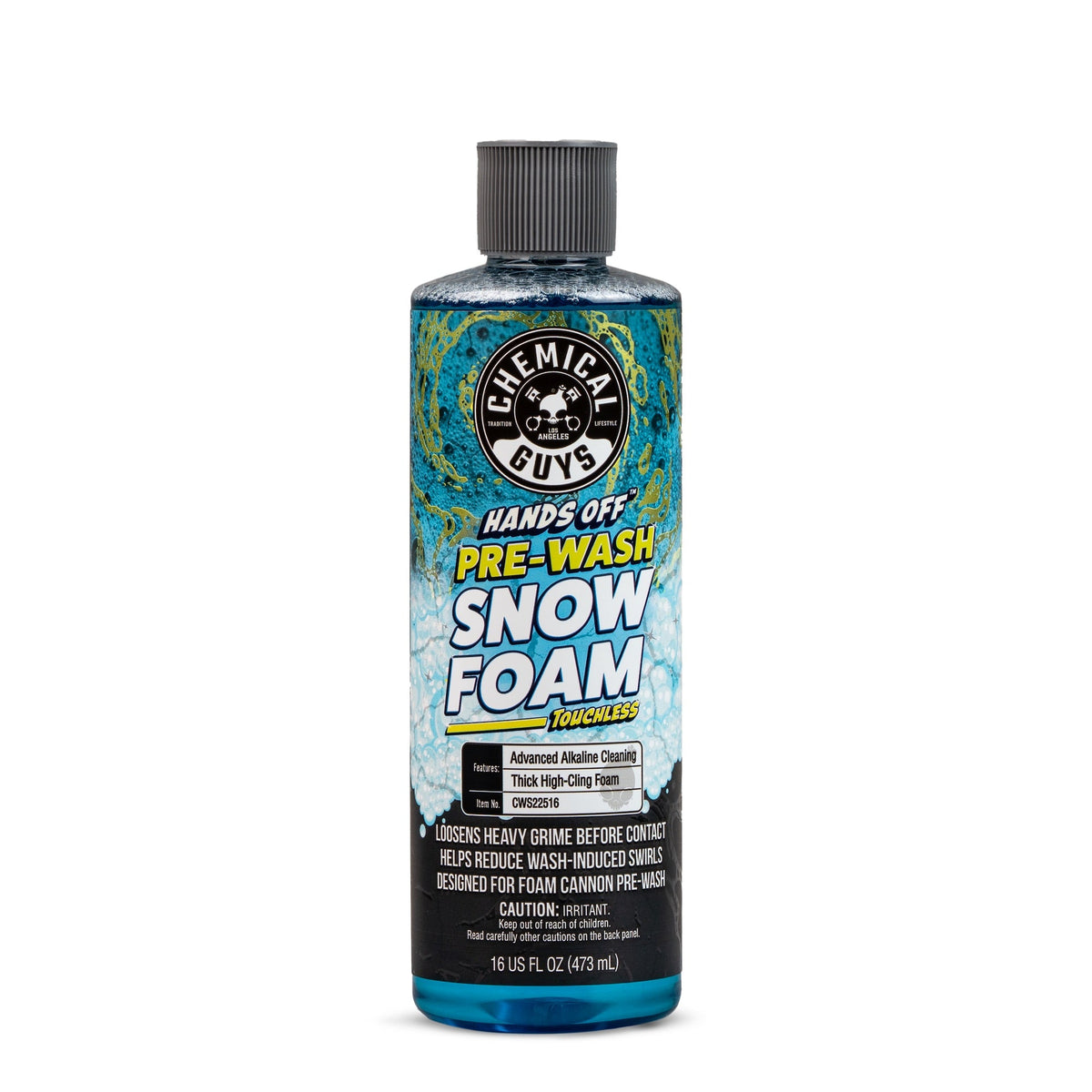 A bottle of Chemical Guys Hands Off Pre-Wash Snow Foam Concentrate, 16 fl oz, featuring a blue and black label with yellow and white text, on a solid white background.