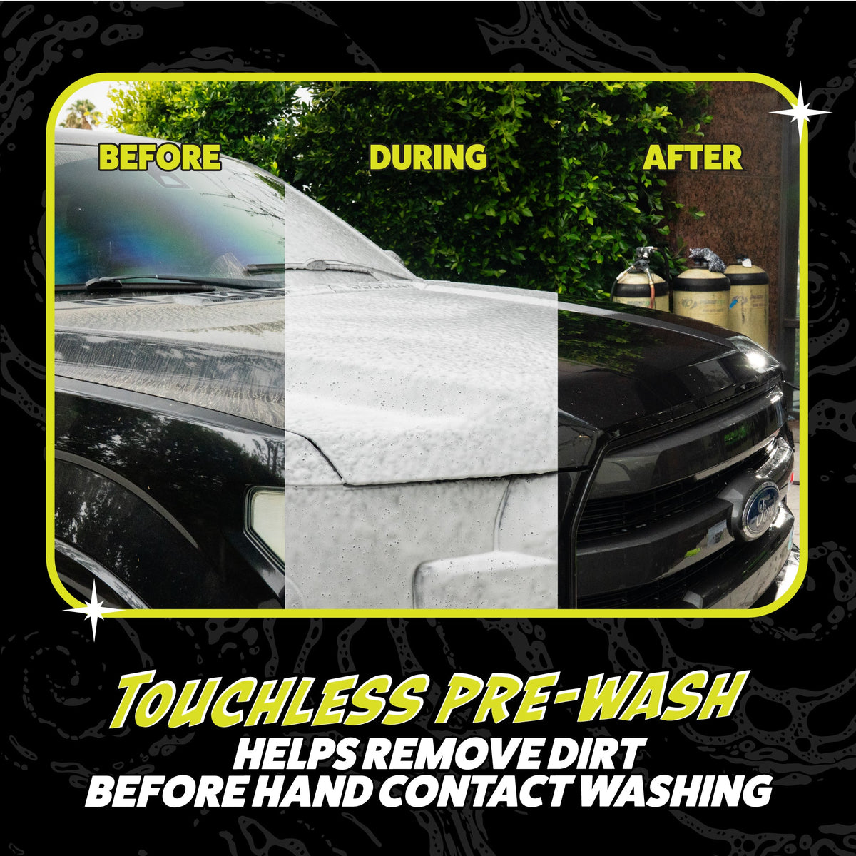 Hands Off Touchless Pre-Wash Snow Foam before, during, and after comparison on black truck hood - helps remove dirt before hand contact washing