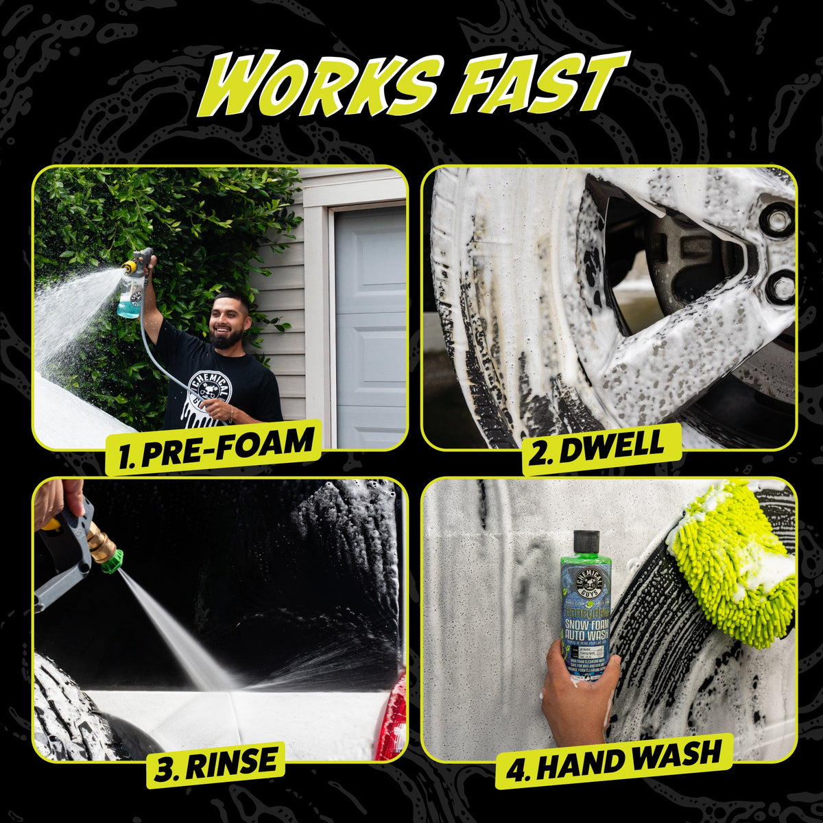 Hands Off Touchless Pre-Wash Snow Foam works fast in 4 steps: 1 pre-foam, 2 dwell, 3 rinse, 4 hand wash
