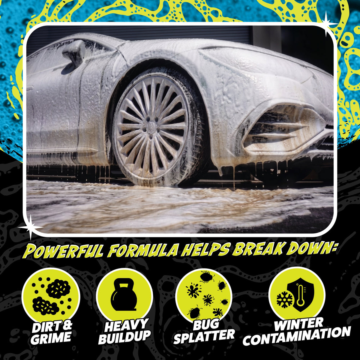 Hands Off Pre-Wash Snow Foam covering car wheel with thick foam - powerful formula helps break down dirt and grime, heavy buildup, bug splatter, and winter contamination