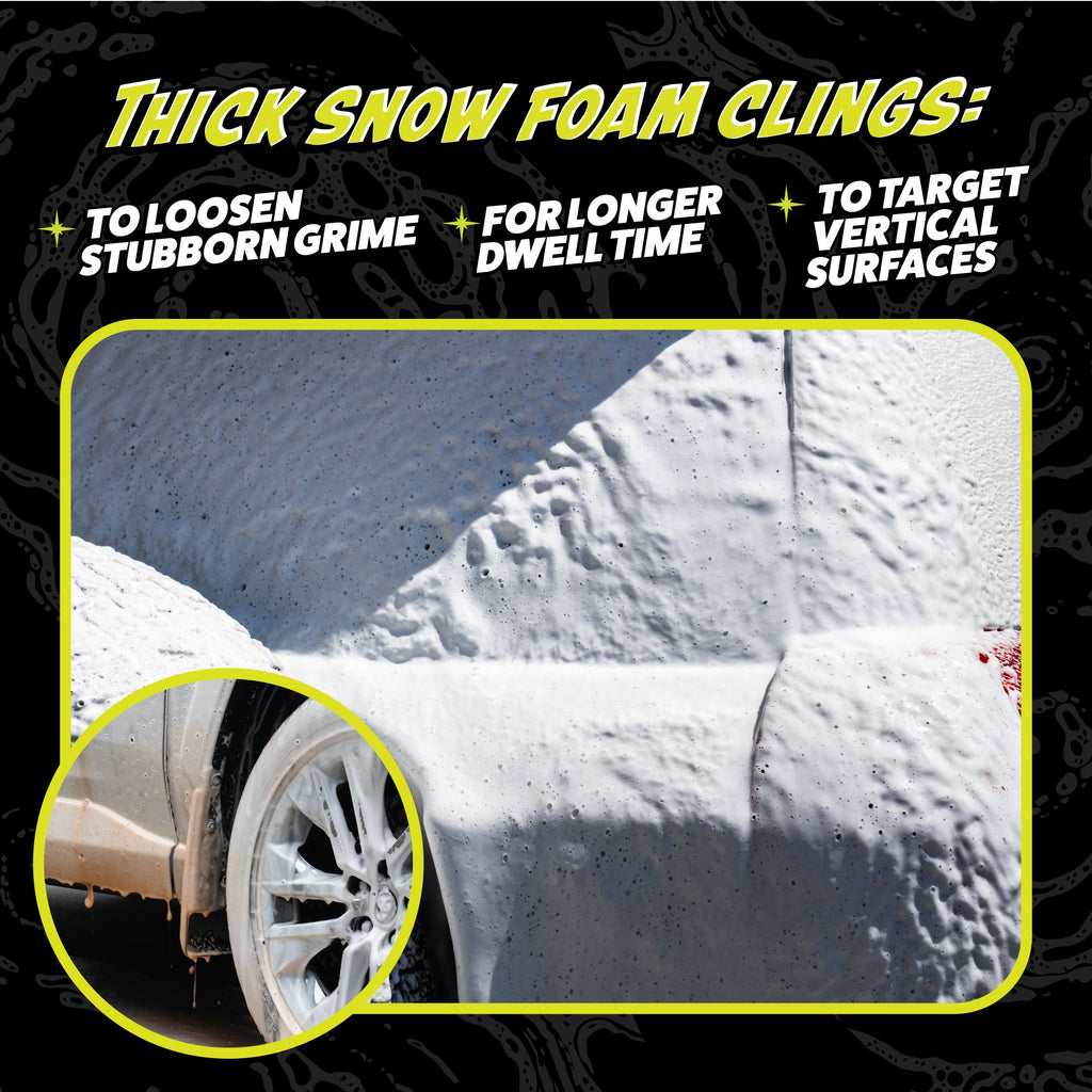 Thick Hands Off Snow Foam clinging to car body and wheel - to loosen stubborn grime, for longer dwell time, to target vertical surfaces