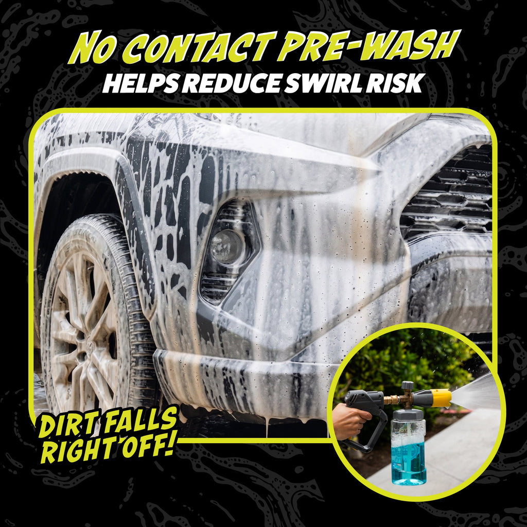 No contact pre-wash foam covering car helps reduce swirl risk - dirt falls right off, applied with foam cannon