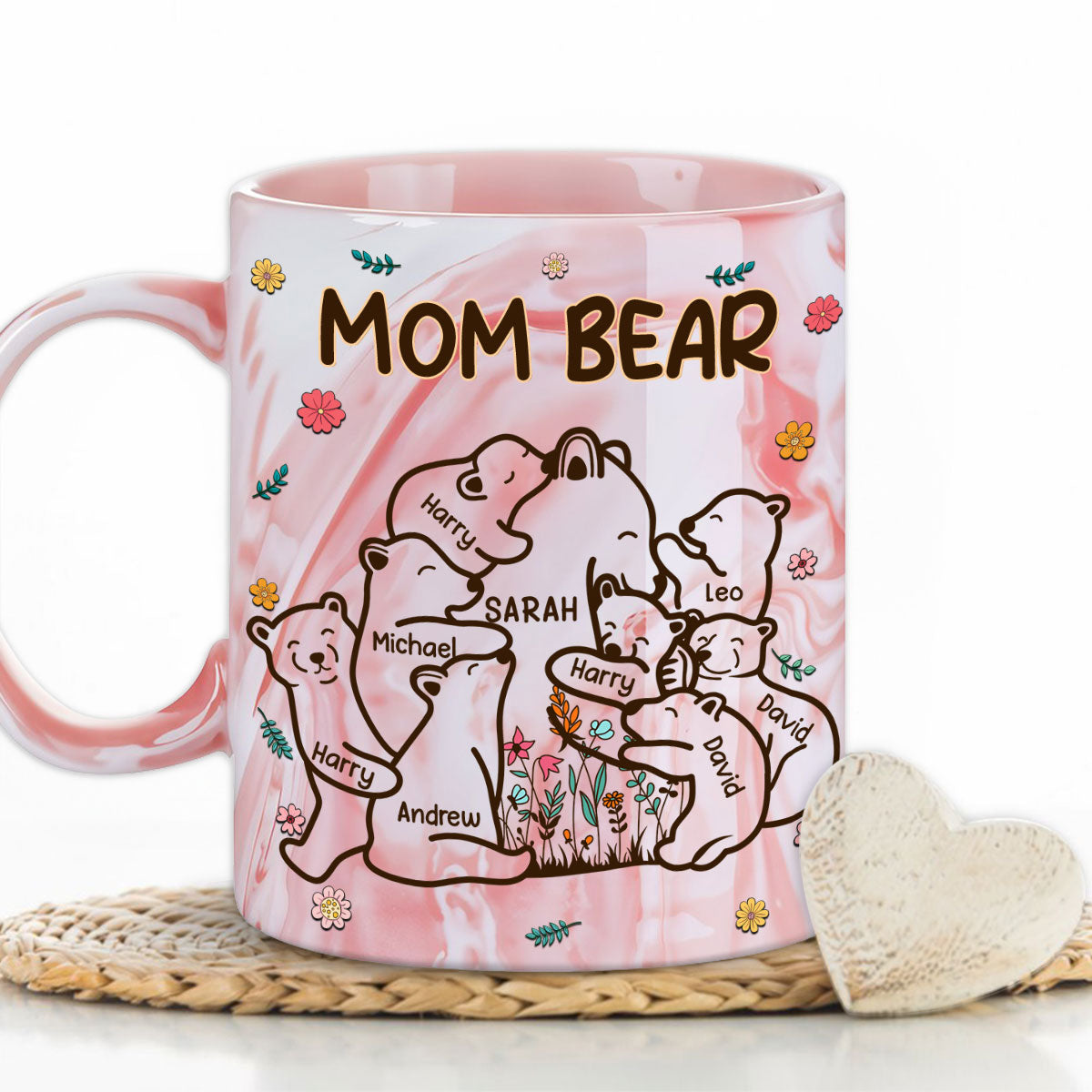 Custom Mother's Day Gift for Mom & Grandma • Mama Bear - Personalized Pink Marble Mug