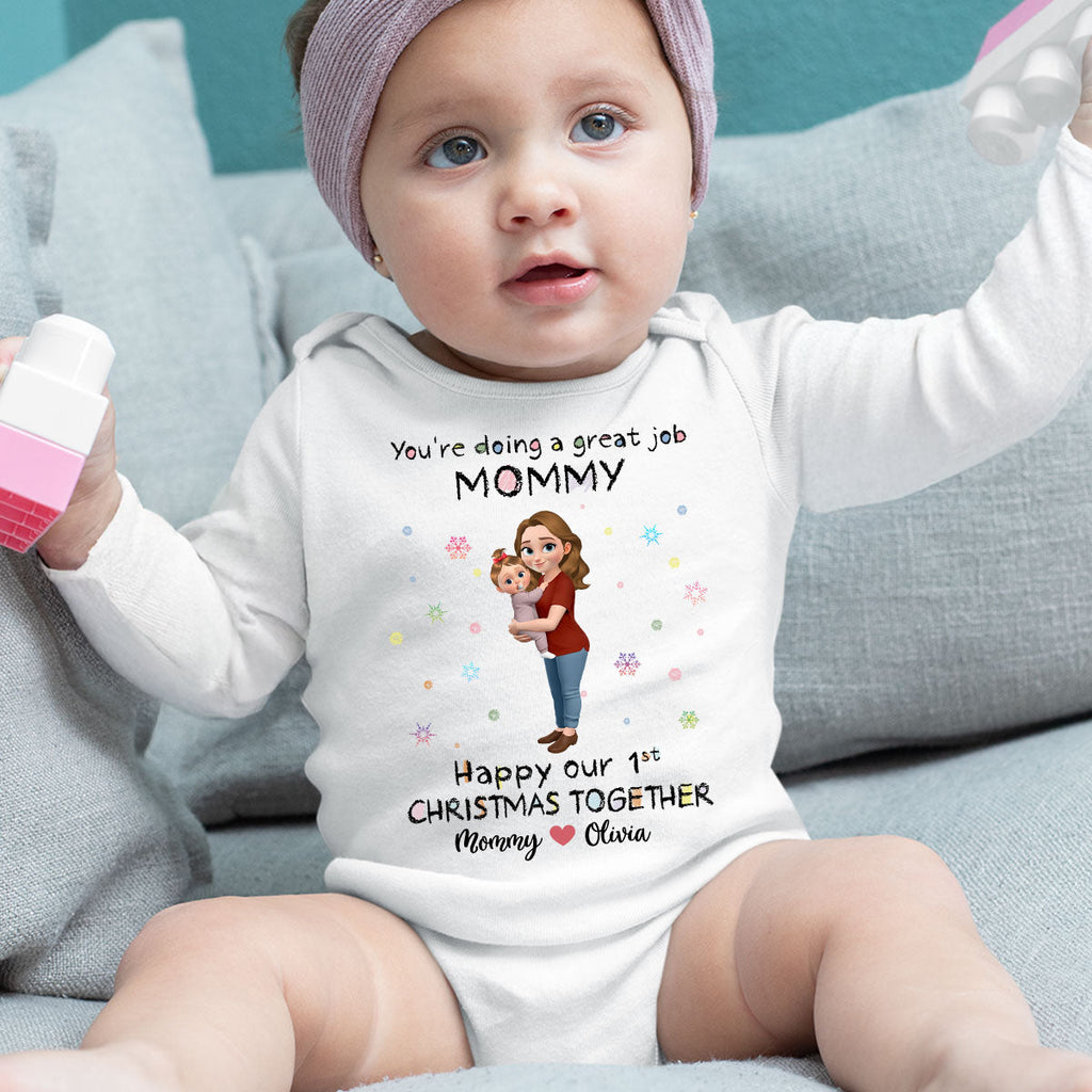 Mommy And Baby 1st Christmas - Personalized Long Sleeve Baby Onesie