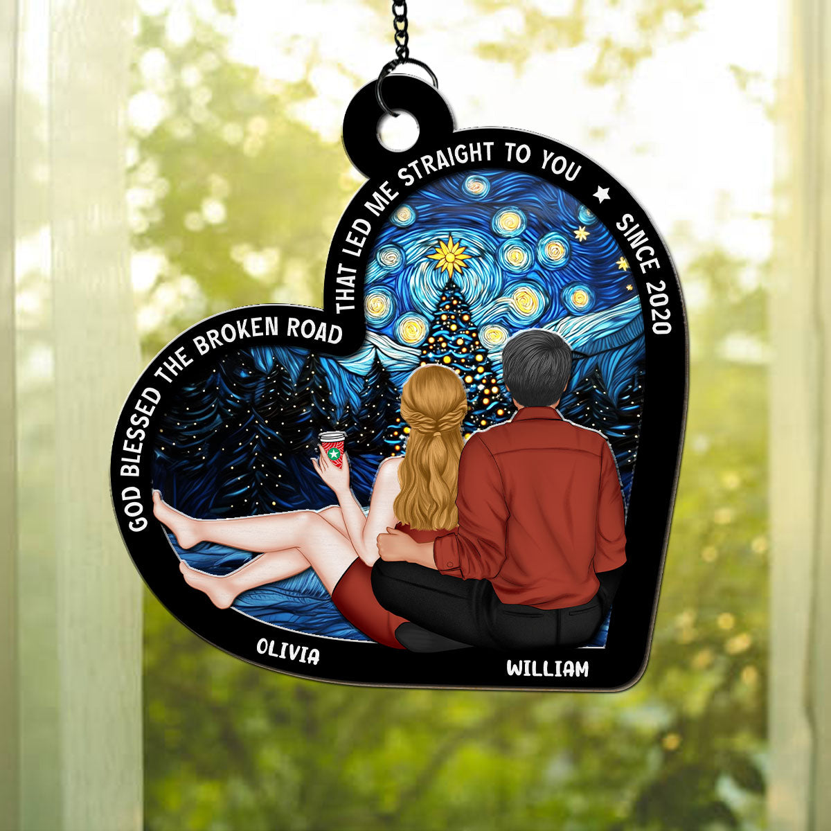 Custom Couple Hanging Decor, Anniversary Valentine's Day Gifts • God Blessed The Broken Road - Personalized Suncatcher