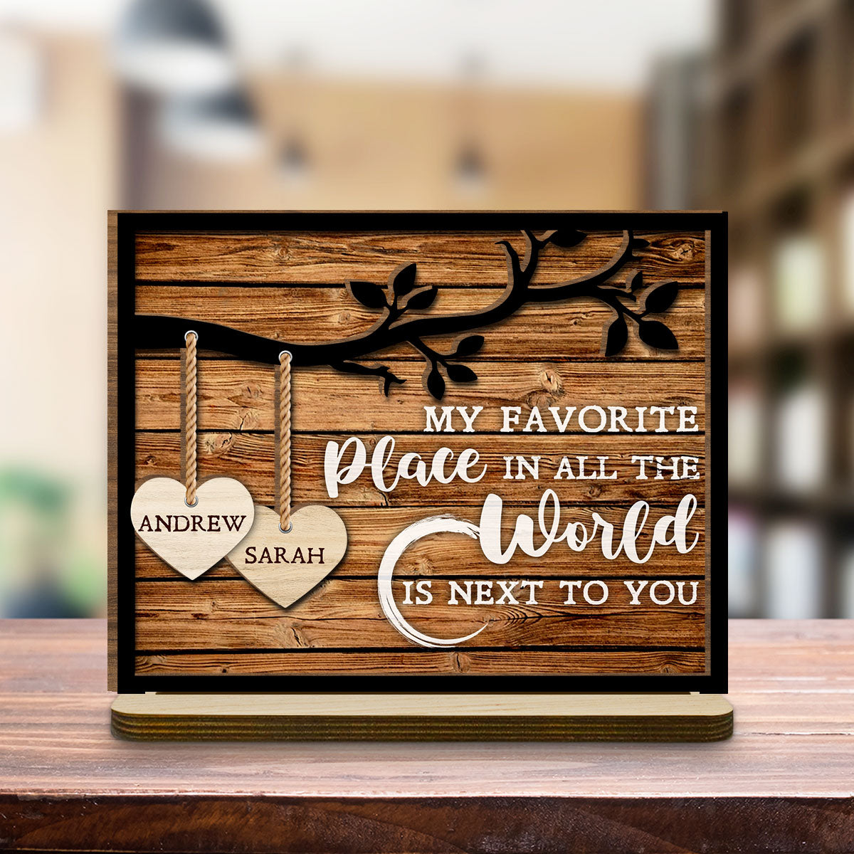 Custom Couple's Decor, Anniversary & Wedding Gift • Tree Hearts - Personalized 2-Layer Wood Plaque With Flat Base
