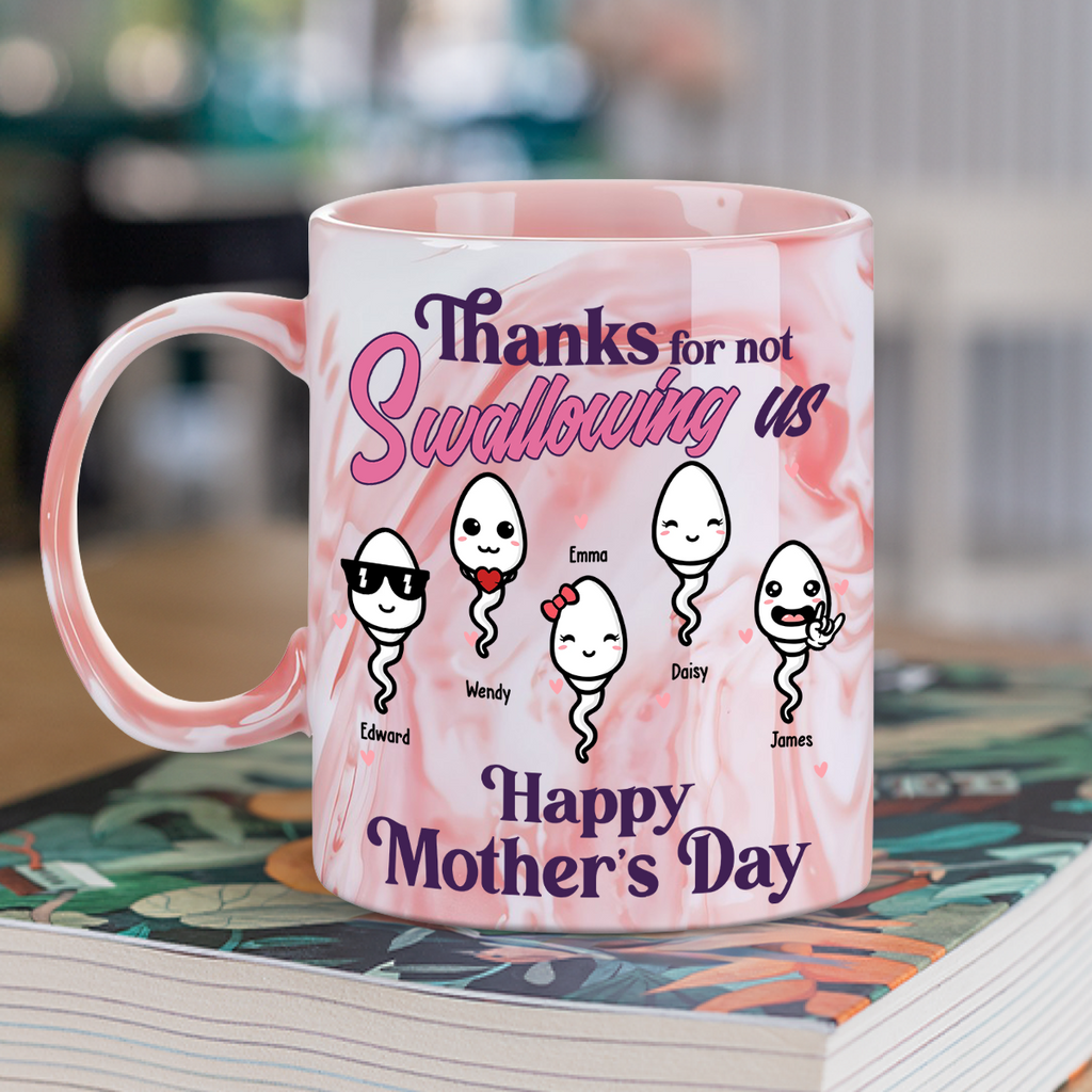 Custom Mother's Day Gift for Mom & Grandma • Thanks For Not Swallowing Us - Personalized Pink Marble Mug
