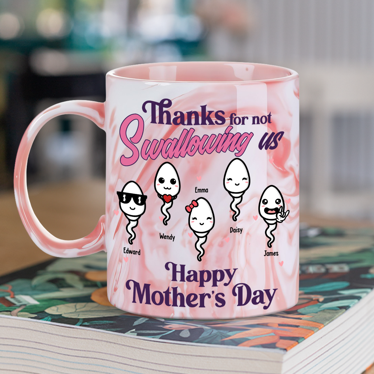Custom Mother's Day Gift for Mom & Grandma • Thanks For Not Swallowing Us - Personalized Pink Marble Mug
