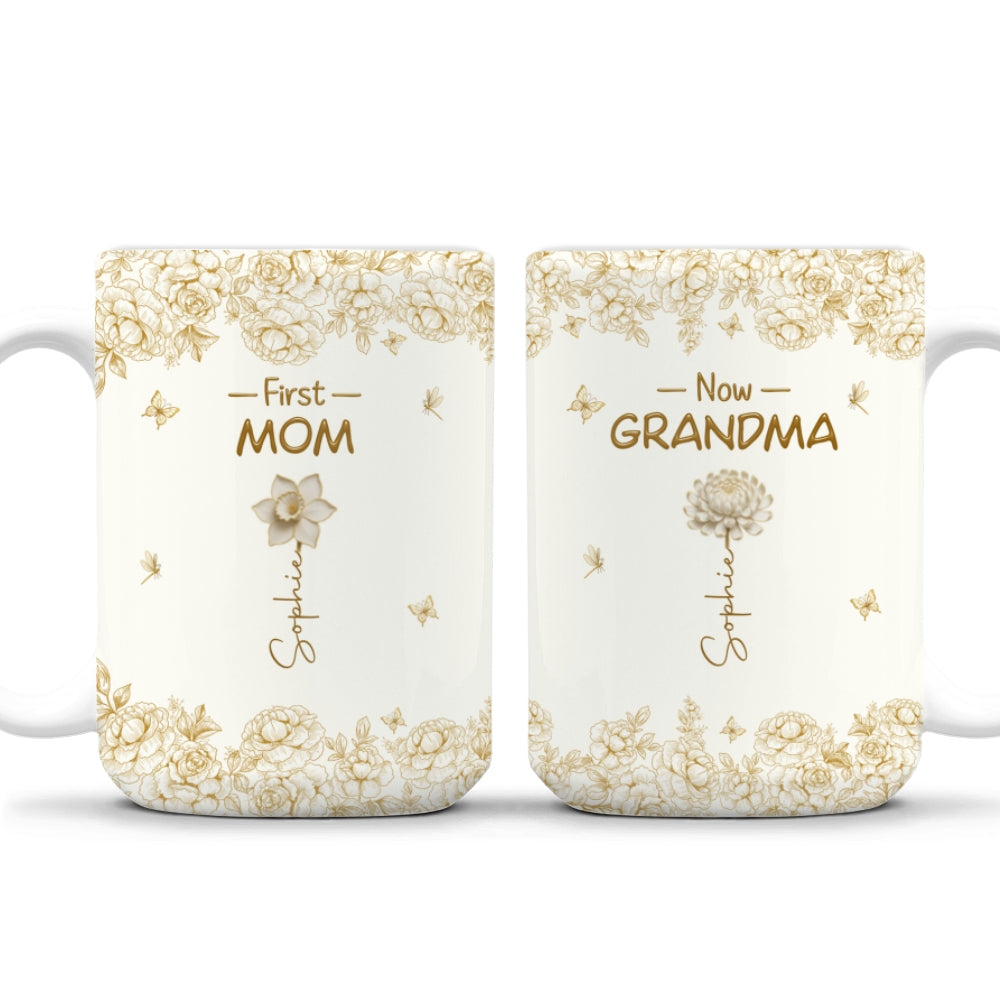 Custom Christmas & Birthday Gift For Grandma • First Mom Now Grandma Of Lovely Flowers - Personalized Coffee Mug