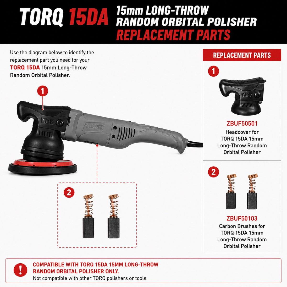 Replacement parts for TORQ 15DA 15mm Long-Throw Random Orbital Polisher on a white background with black and red text.